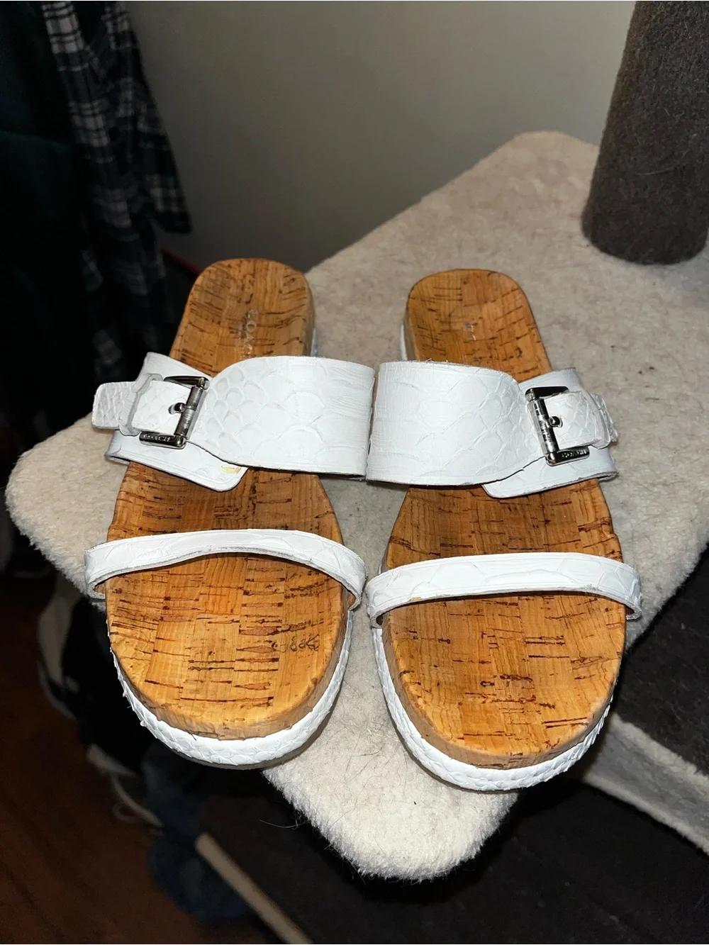 Coach White Cork Slide Sandals with Buckle Straps